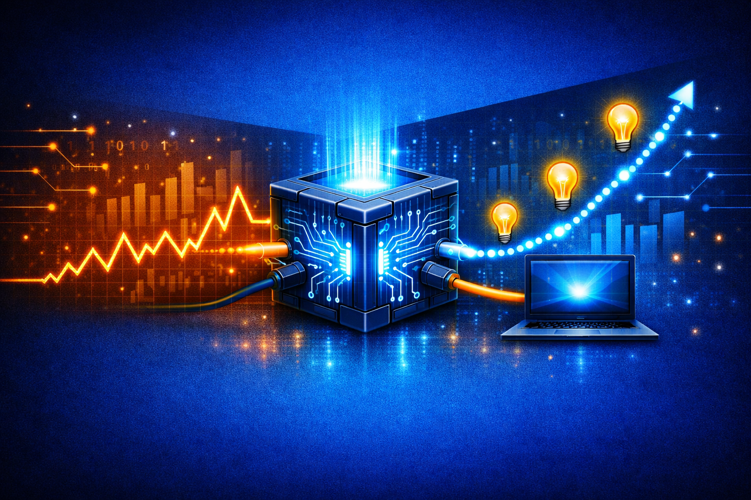 A central "Data Processor" icon (like a cube with glowing circuitry). To the left, a jagged line chart of historical data enters the cube. To the right, a smooth, glowing "Dotted Line" projects upward into the future, with several "Insight" icons (lightbulbs) appearing along the path.