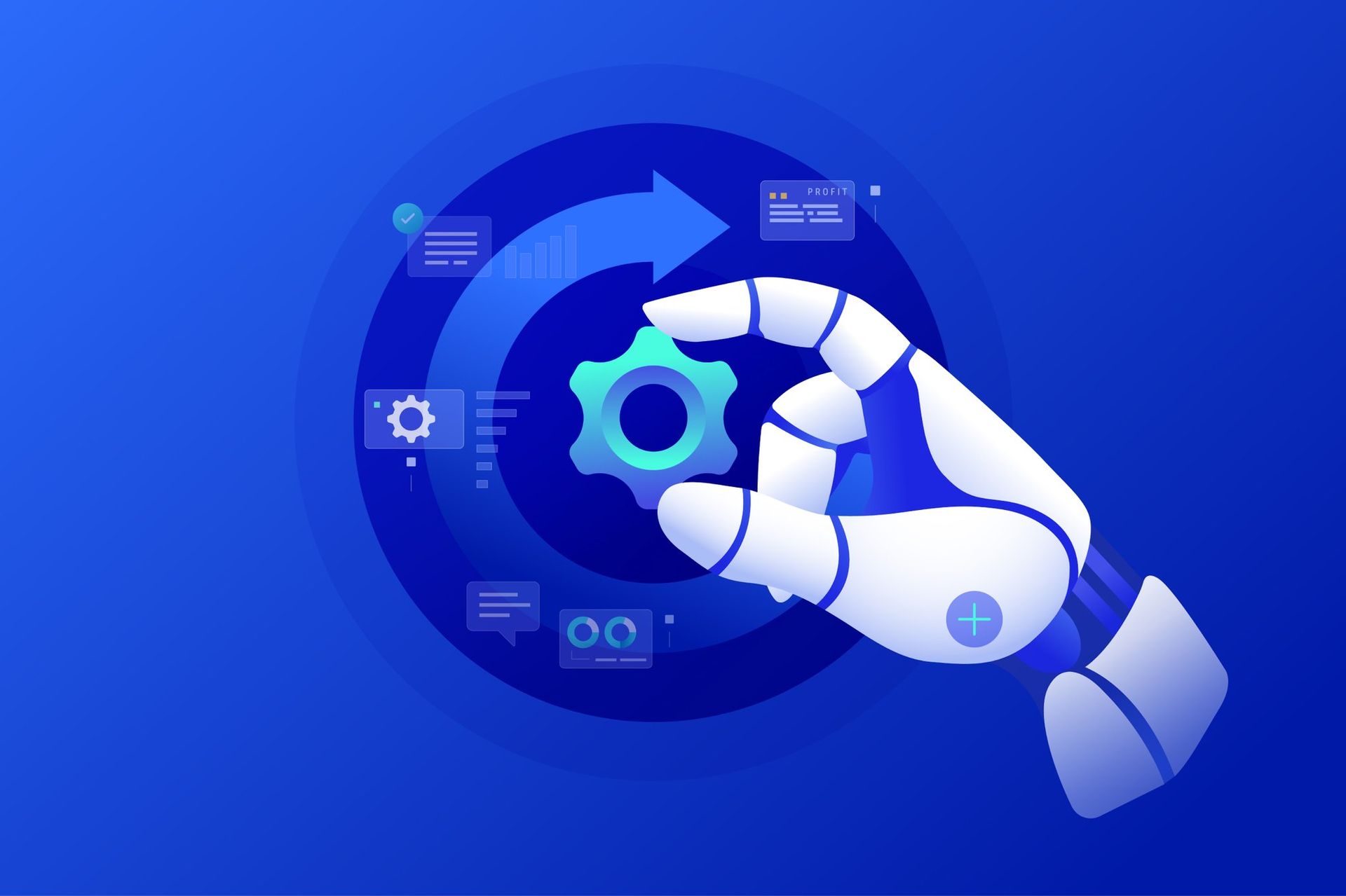 A robotic hand operating AI-powered gear mechanisms, representing intelligent workflow automation, machine learning integration, and autonomous business process optimization.