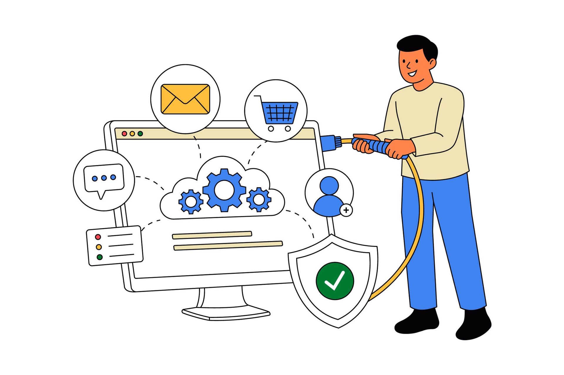 A developer connecting multiple digital platforms including email, e-commerce, messaging, and user management through API-first cloud integration for seamless enterprise data flow