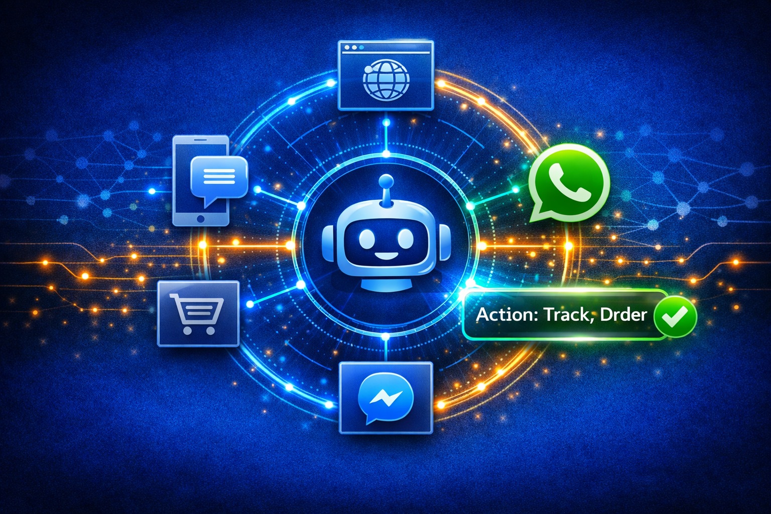 A central "Chatbot" icon surrounded by a ring of icons representing "Web," "Mobile," "WhatsApp," and "Messenger." Glowing lines connect all icons to the center, showing a synchronized flow of data.