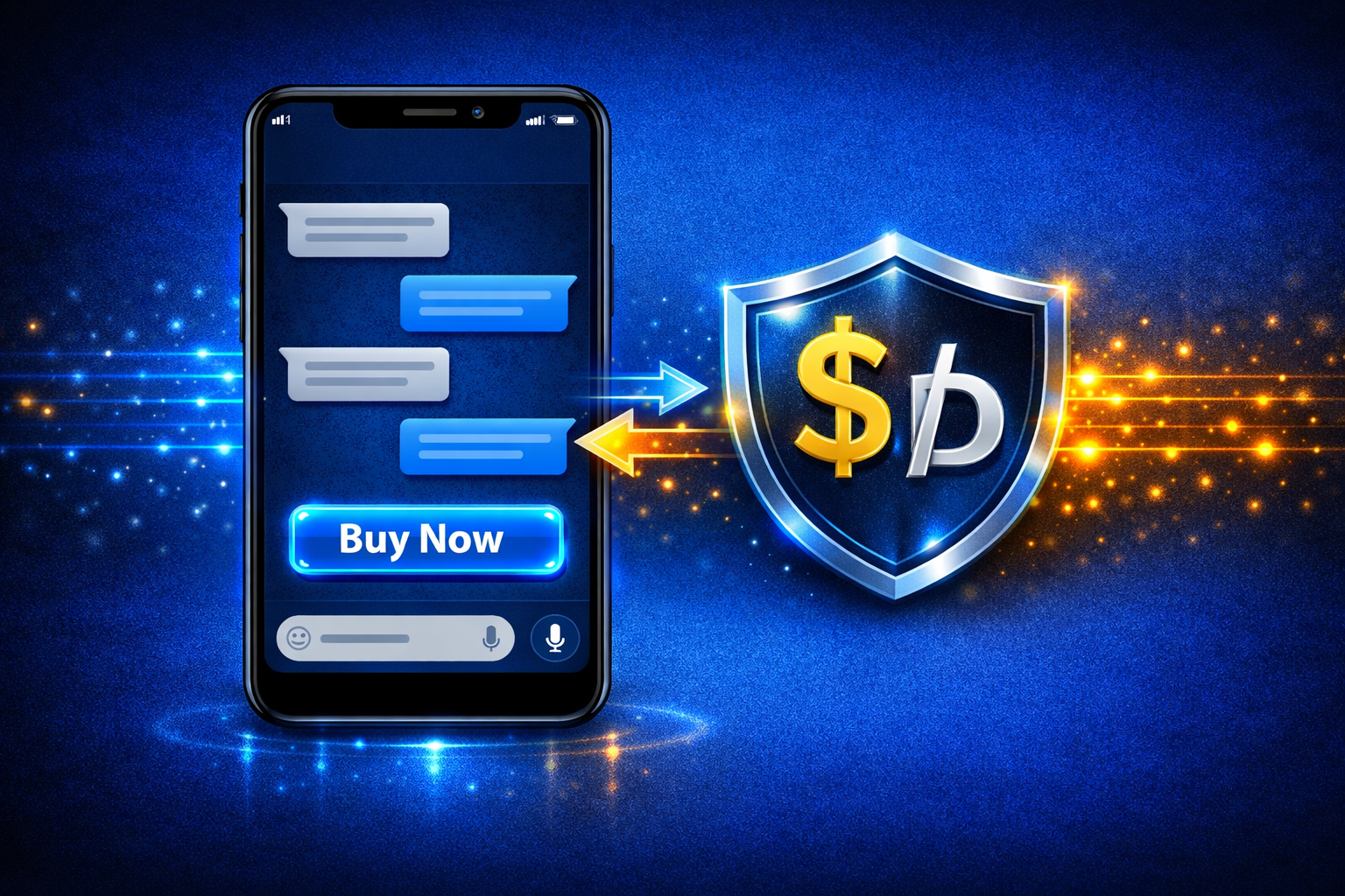 A "Smartphone" screen showing a chat conversation. The last message in the chat is a "Buy Now" button. Next to the phone is a "Shield" icon with a "Dollar/Dirham" sign inside, representing secure financial processing.