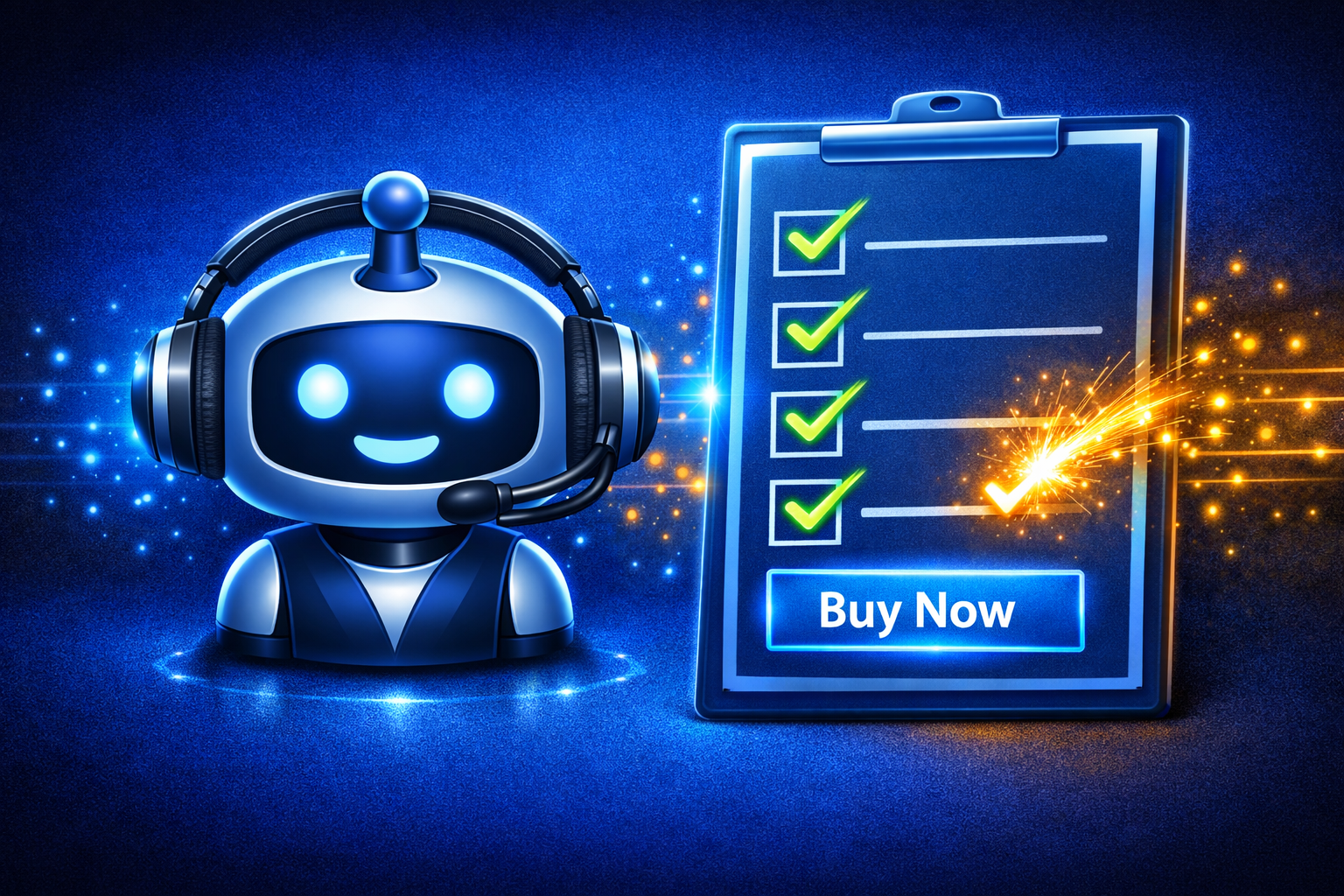 A "Robot/Bot" icon wearing a "Manager" headset. Next to the bot is a "Checklist" where several items are being automatically checked off by glowing digital sparks, symbolizing autonomous task completion.