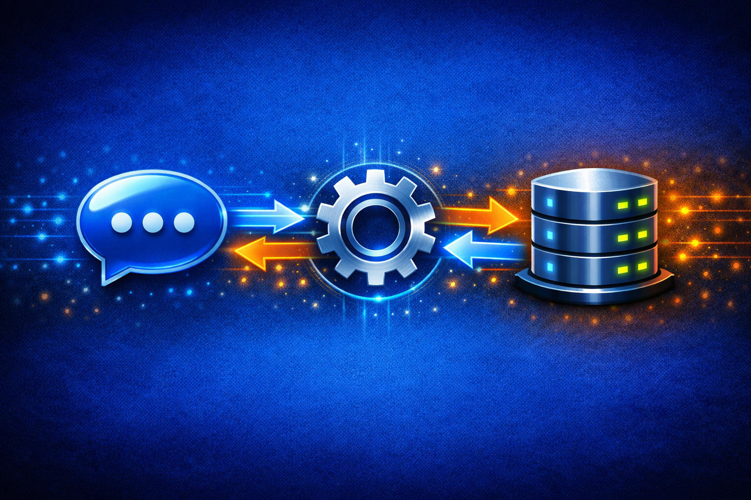 Image Description: A "Chat Bubble" icon on the left and a "Database/Server" icon on the right. Between them are two-way arrows with a "Gear" icon in the middle, representing a live, active connection that pulls and pushes data.