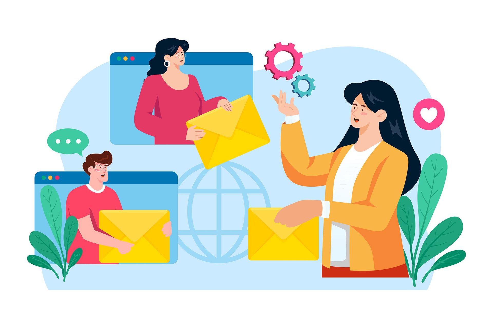 A team exchanging data and messages through integrated business systems, representing chatbot connectivity with ERP, CRM, and e-commerce platforms for seamless digital operations Integration with Business Systems