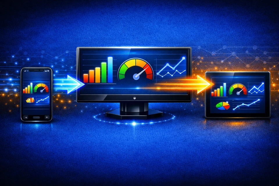 A central "Monitor/Screen" showing several colorful graphs (a bar chart, a gauge, and a line graph). Arrows point from the screen to a "Smartphone" and a "Tablet," showing that the visual data is perfectly synced across all devices.