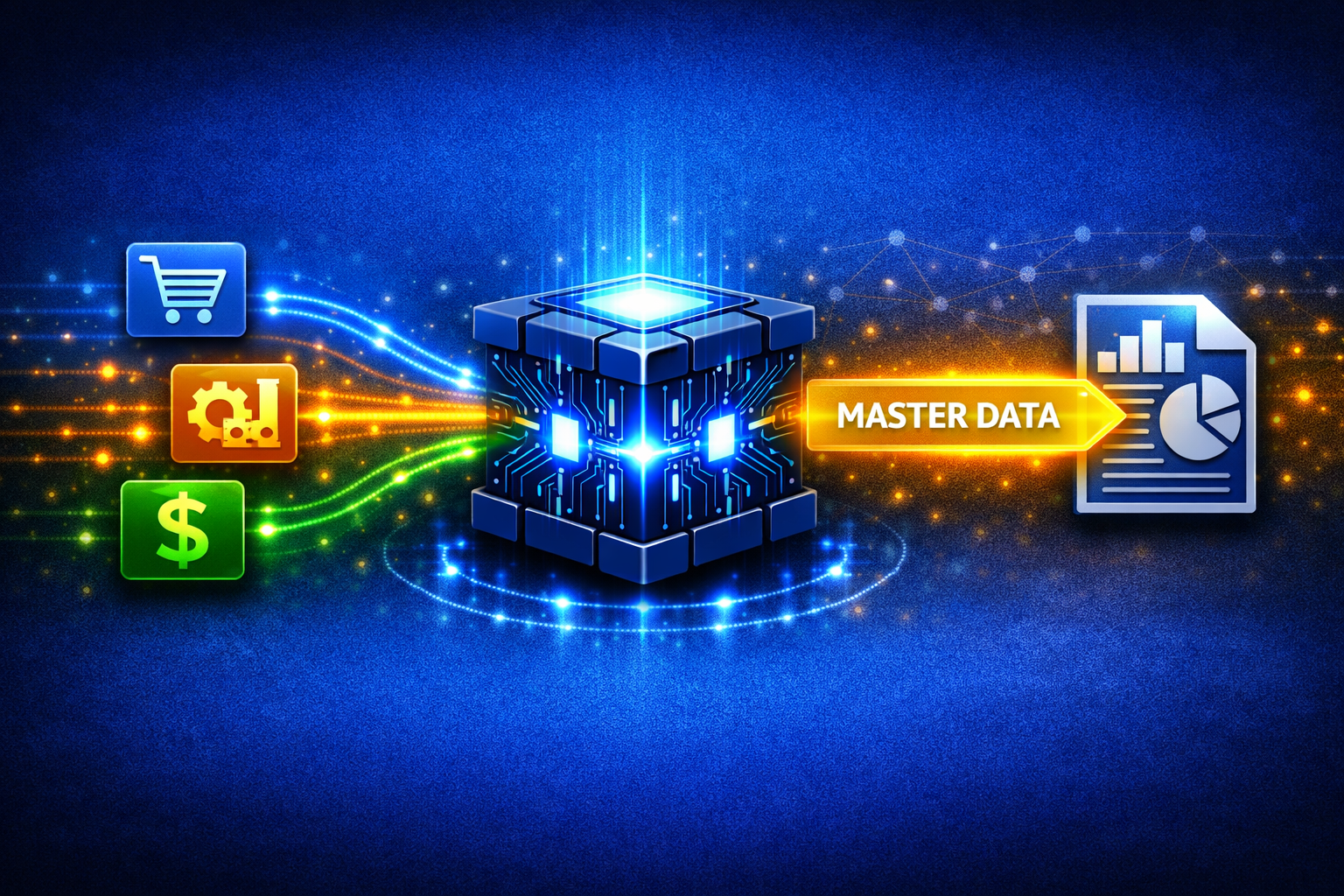 A "Central Hub" icon (a 3D cube or server stack). On the left, several smaller icons (Shopping Cart, Factory Gear, Dollar Sign) send data streams into the hub. On the right, a single, thick, glowing "Master Data" stream emerges, feeding into a report icon.