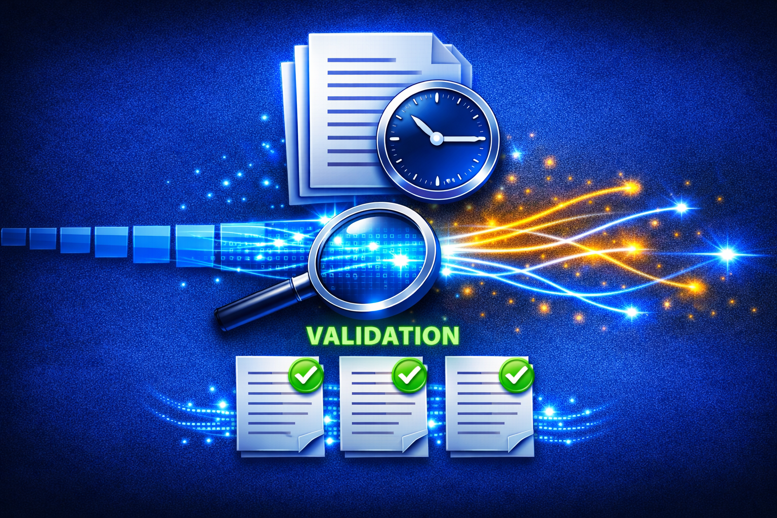 A "Stacked Document" icon with a "Clock" icon on it, symbolizing a schedule. Below it, a "Magnifying Glass" icon scans a data stream to show "Validation," with green checkmarks appearing on the documents to signify they are verified and audit-ready.