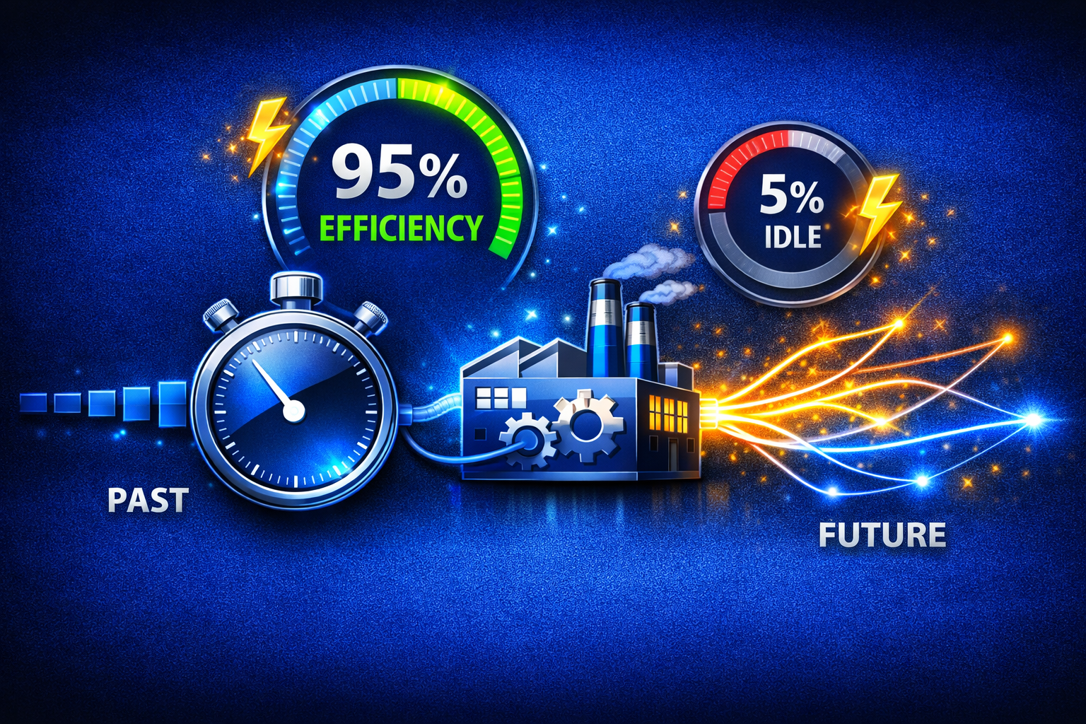 A "Stopwatch" icon connected to a "Factory/Workshop" icon. Around it are circular progress bars showing percentages (e.g., 95% Efficiency, 5% Idle). Small "Lightning Bolt" icons highlight areas where speed has been improved through data.