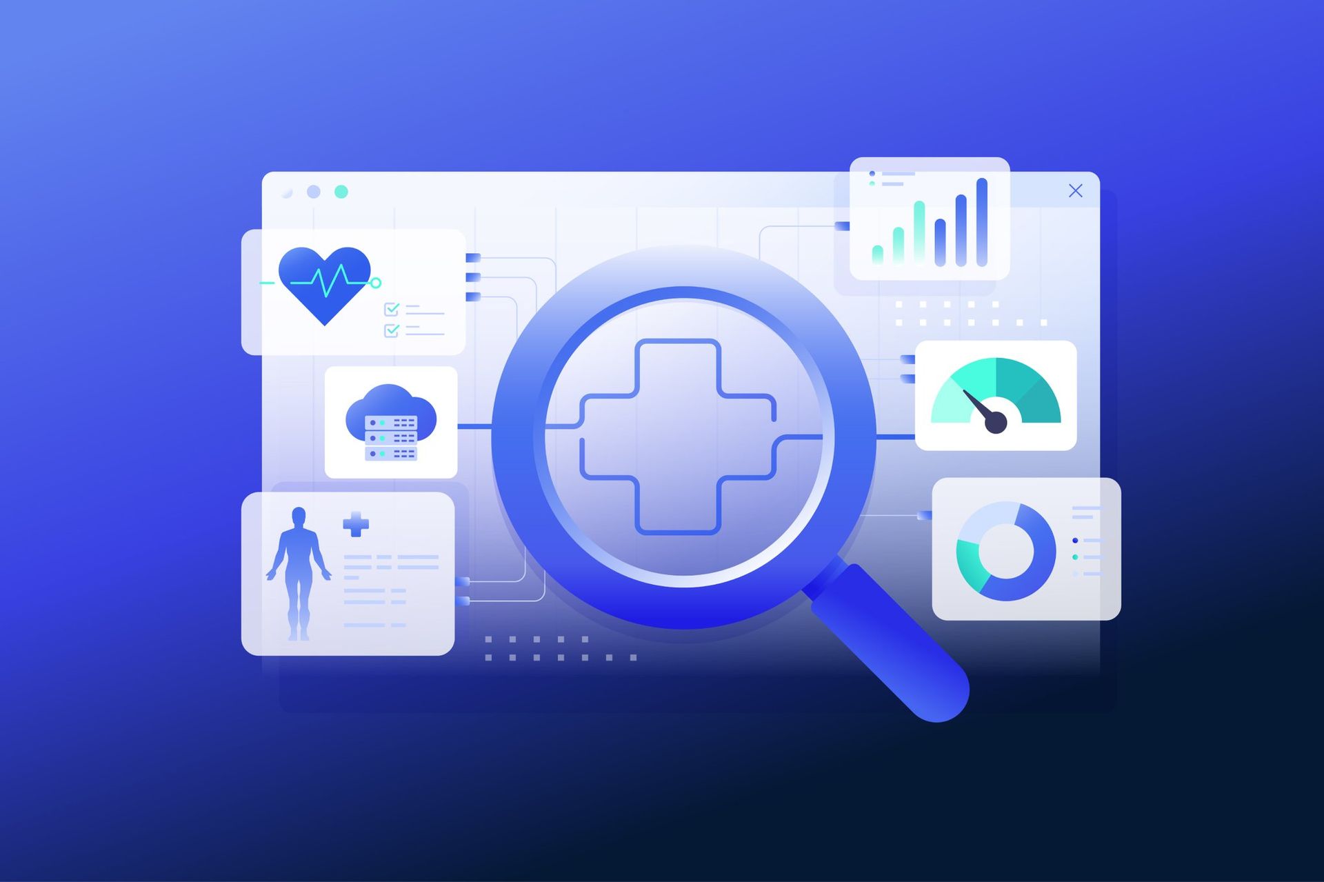 A magnifying glass analyzing AI-powered predictive analytics dashboards with health, cloud, and performance metrics, representing machine learning insights for data-driven business forecasting.