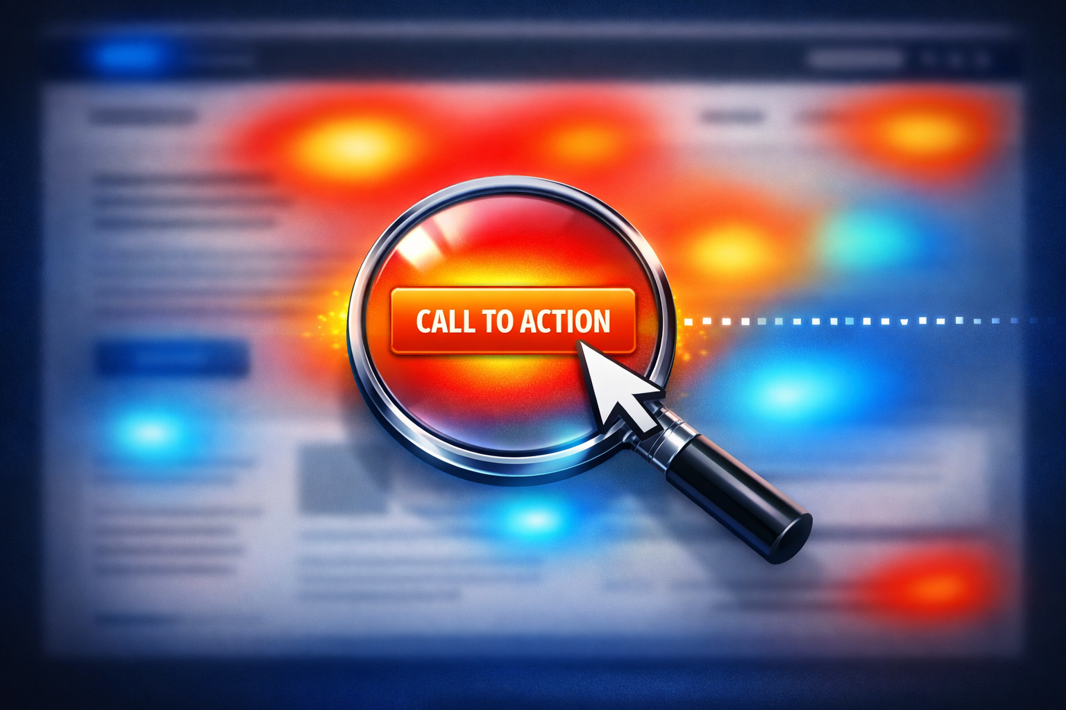 A blurred "Web Page" background with bright "Heat Blobs" (Red for high activity, Blue for low). A magnifying glass hovers over a red zone, showing a "Call to Action" button underneath, indicating high engagement