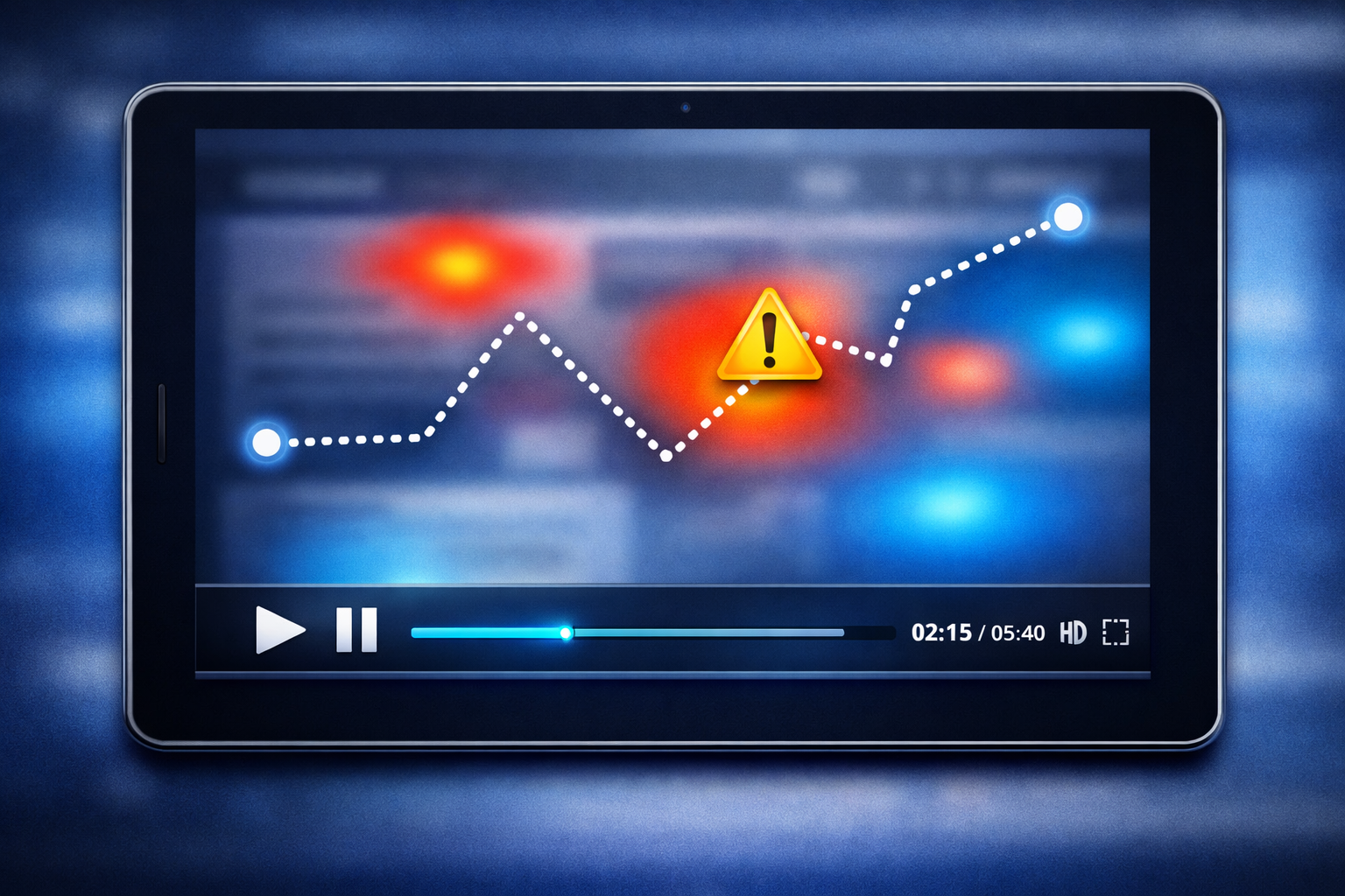 A "Play/Pause" video interface overlaying a tablet screen. On the screen, a dotted "User Path" line shows a zigzagging movement, while a small "Warning Triangle" icon appears where the user encountered a bottleneck