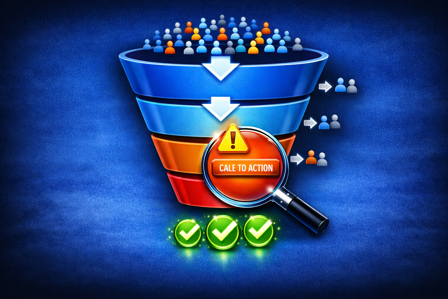 A "Funnel" icon divided into four horizontal stages. A large group of "User Dots" enters at the top, and at each stage, a small "Arrow" shows users exiting, with the most successful users emerging at the bottom as "Checkmark" icons.