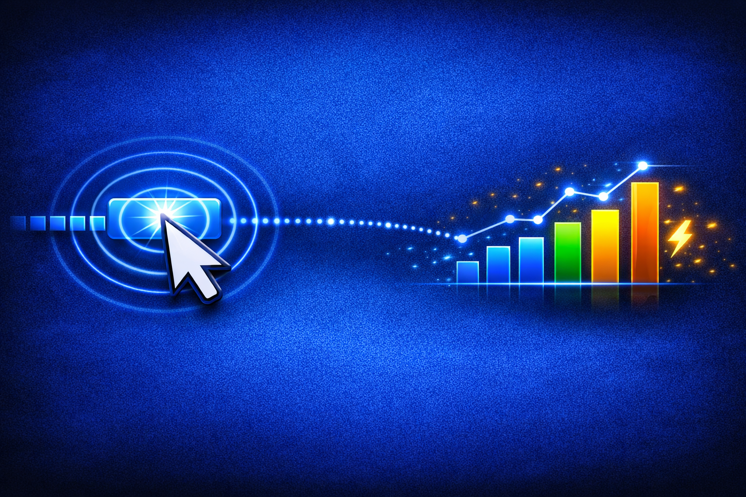 A "Cursor/Pointer" icon clicking on a digital button. A series of "Pulse Rings" radiate from the click, connected by a dotted line to a "Data Bar Chart," symbolizing the translation of a physical action into measurable data.
