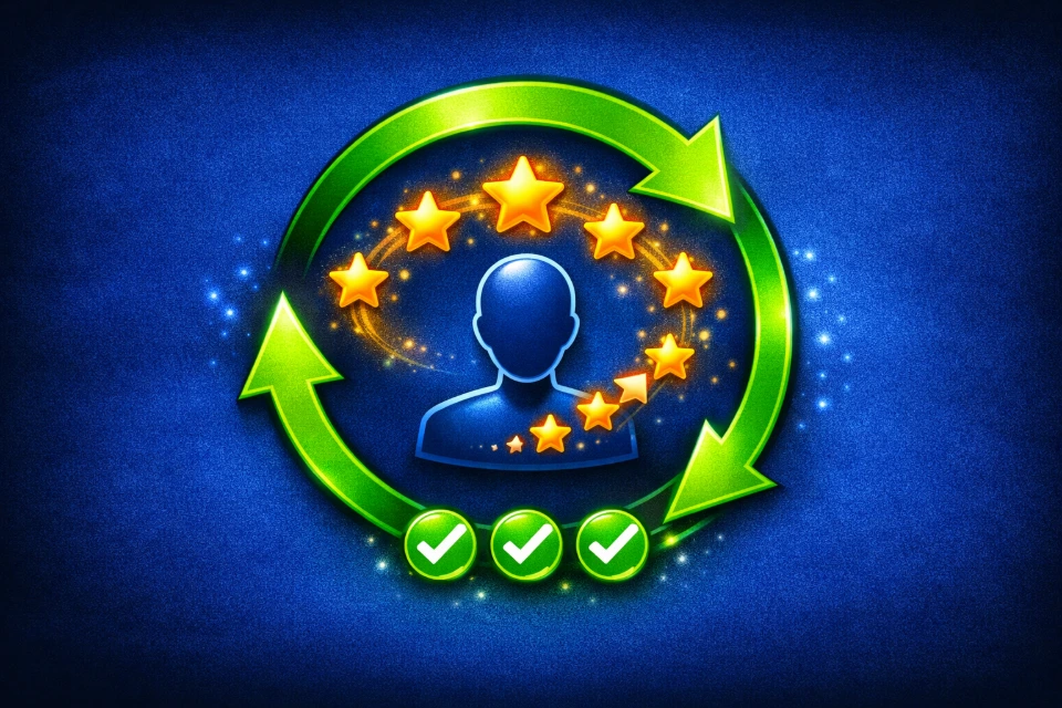 A "Circular/Recycling" arrow icon. Inside the circle, a "Person" icon is being fed by "Star" icons (representing positive interactions), symbolizing a continuous cycle of engagement and retention.