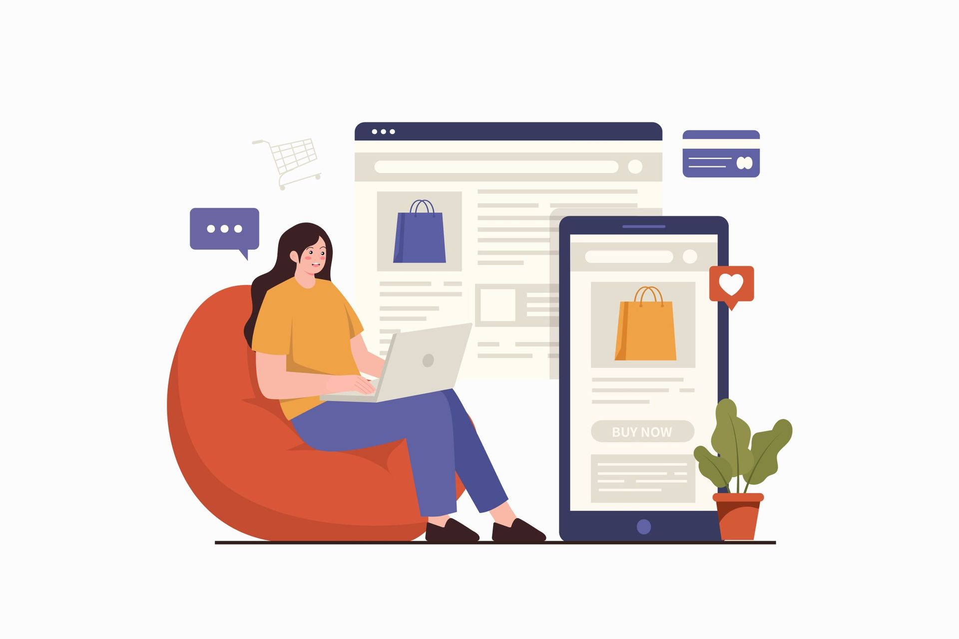 A user browsing an e-commerce platform on a laptop with shopping cart, chat, and mobile interface icons, representing enhanced digital experiences through real-time behavioral tracking and UX optimization