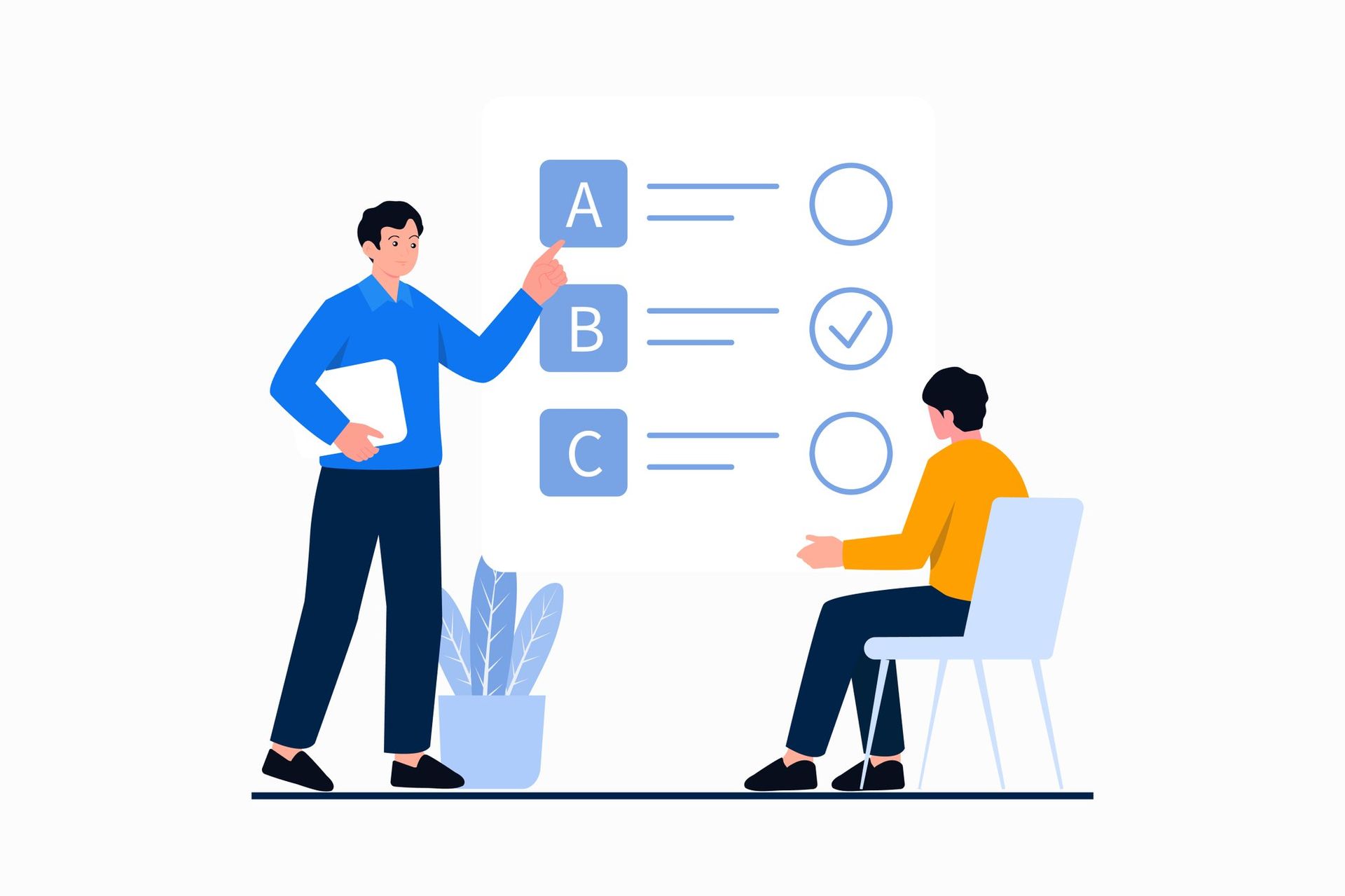Two professionals reviewing A/B/C options on a checklist board, representing data-driven decision making, user behavior analysis, and evidence-based digital strategy optimization