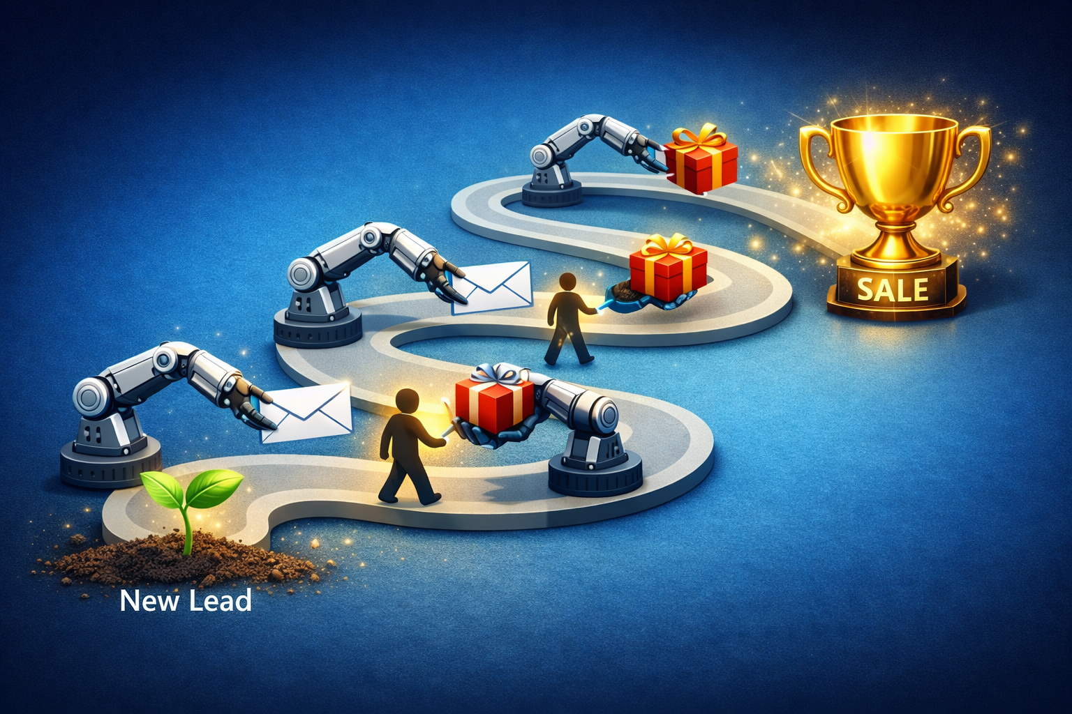A "Winding Path" starting from a "Seed" (New Lead) and ending at a "Trophy" (Sale). Along the path are several "Robot Arms" (Automation) that hand the lead a "Letter" (Email) or a "Gift" (Offer) at specific intervals, keeping them moving forward.