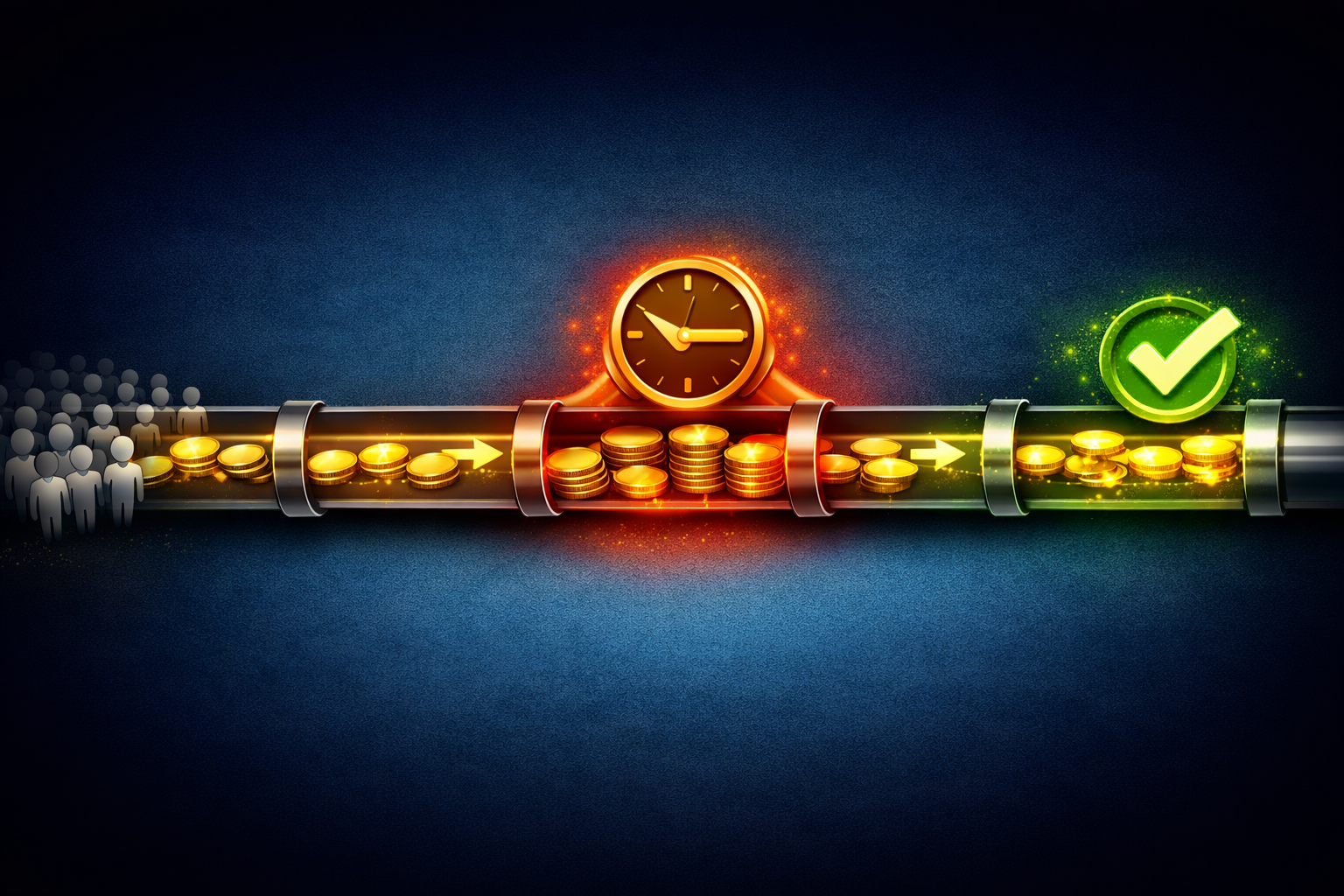 A horizontal "Pipeline" with four sections. "Coins" are moving through the pipeline. In one section, a "Clock" icon indicates a delay, while in the final section, a "Checkmark" shows a completed transaction, symbolizing flow and bottlenecks.
