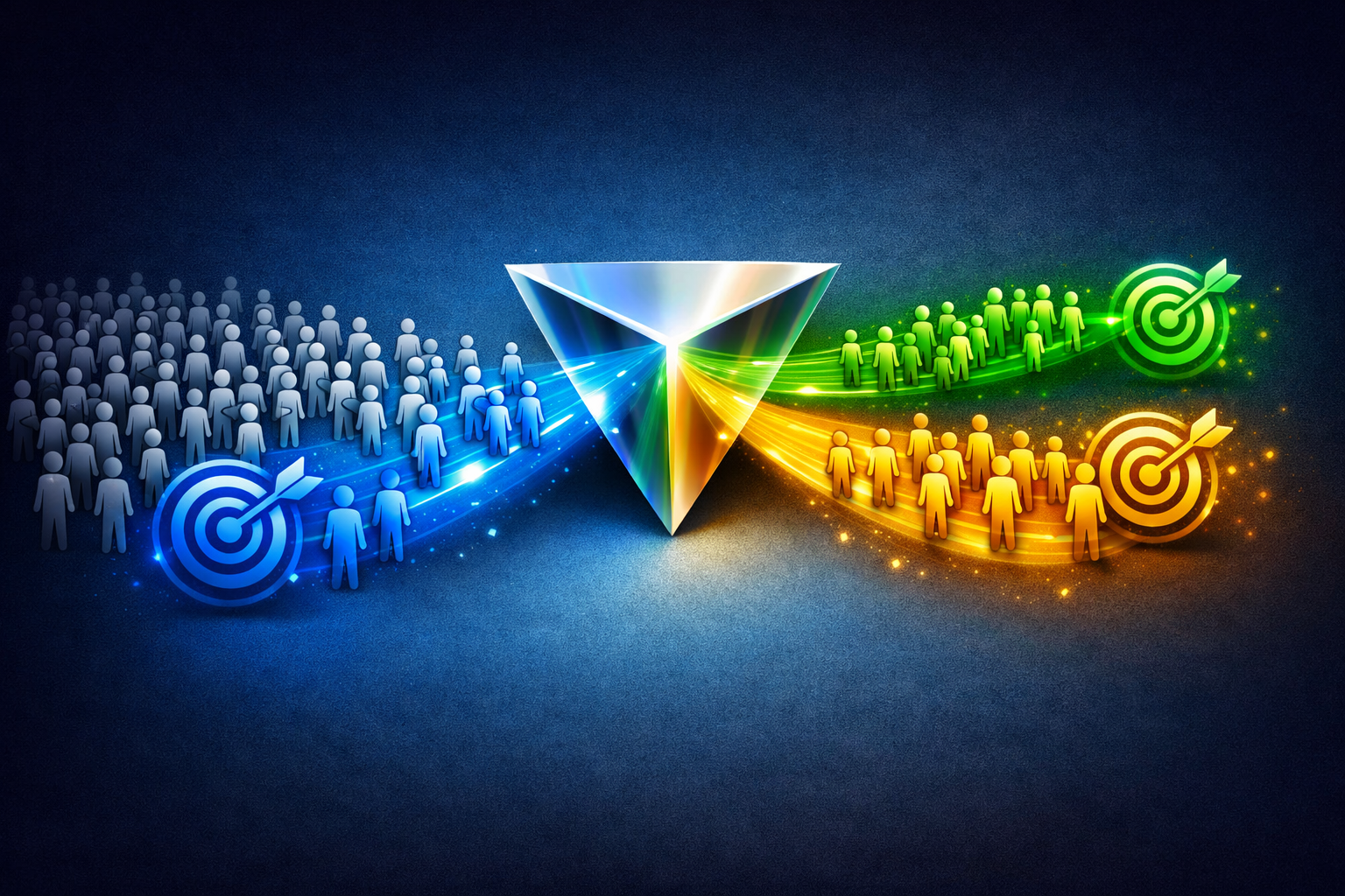 A "Large Group of People" icons. A "Filter/Prism" sits in the middle. As the group passes through the prism, they are separated into three distinct, color-coded groups (Blue, Green, Gold) that each flow toward a different "Target" icon.