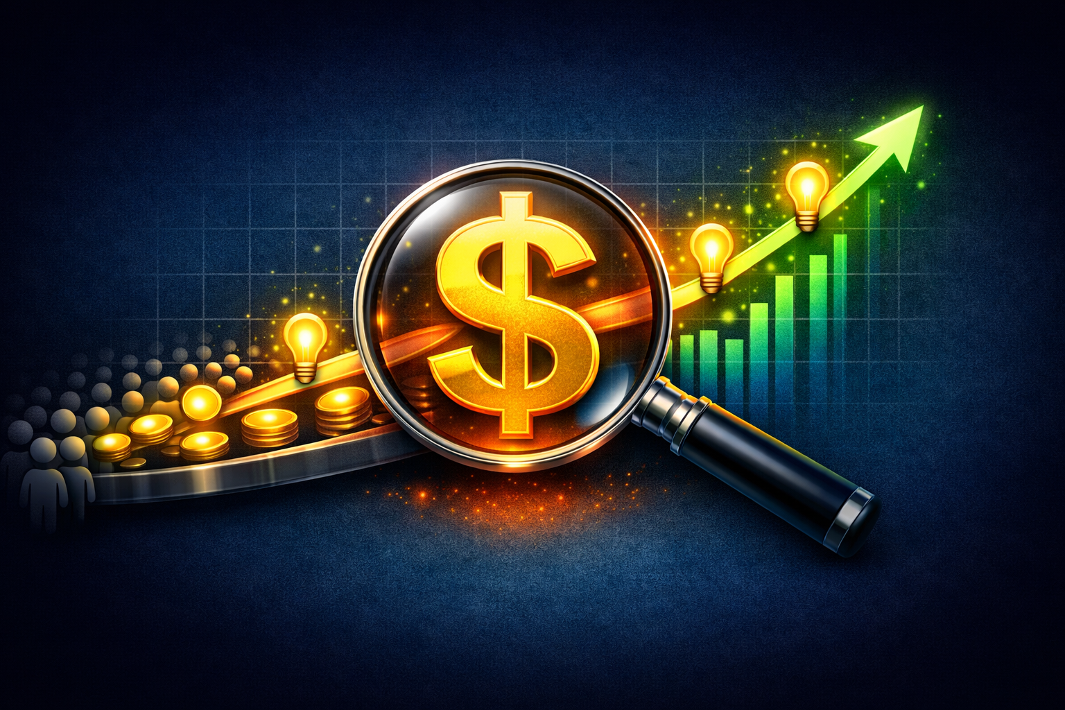 A "Magnifying Glass" hovering over a "Dollar Sign." Behind the dollar sign is a "Growth Chart" pointing upward. Small "Lightbulbs" appear along the chart, representing insights gained from the data.