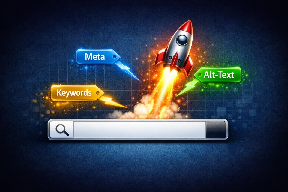 A "Search Bar" icon with a "Rocket" emerging from it. Around the rocket are small "Tag" icons labeled "Meta," "Alt-Text," and "Keywords," symbolizing how technical metadata fuels the upward momentum of search rankings.