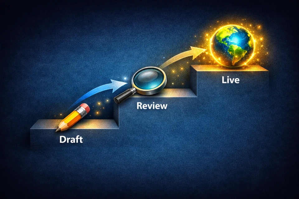 A "Stepped Staircase" icon. At the bottom step is a "Pencil" (Draft), the middle step is a "Magnifying Glass" (Review), and the top step is a "Glowing Globe" (Live). Arrows connect the steps, showing a clear upward progression of content.