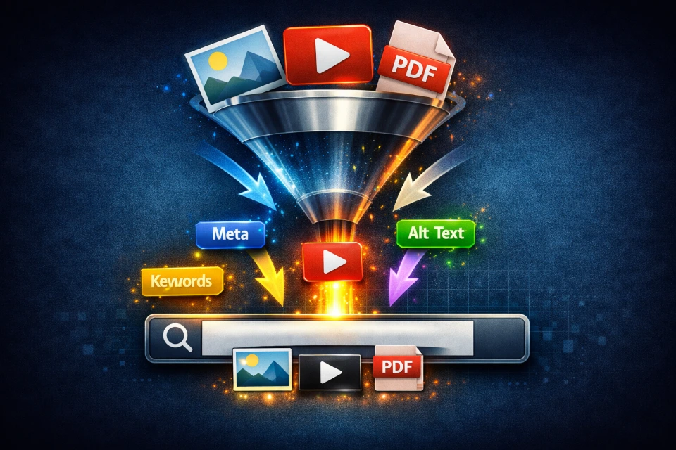 A "Gallery/Grid" icon showing various thumbnails (a Photo, a Video play button, and a PDF icon). A "Funnel" sits above it, showing large raw files going in and "Optimized/Smaller" versions coming out, ready for fast delivery.
