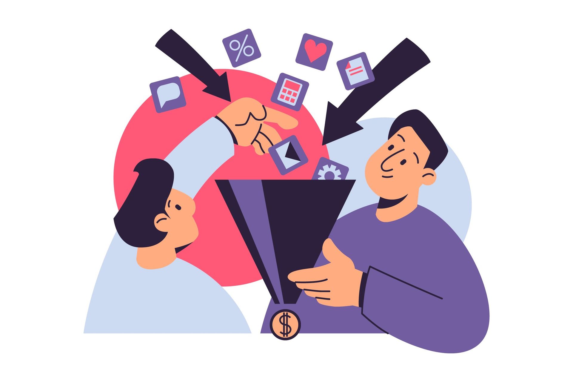 A marketer funneling multi-channel campaigns including email, SMS, and social media into a unified sales funnel, representing behavior-triggered marketing automation and cross-channel lead conversion.
