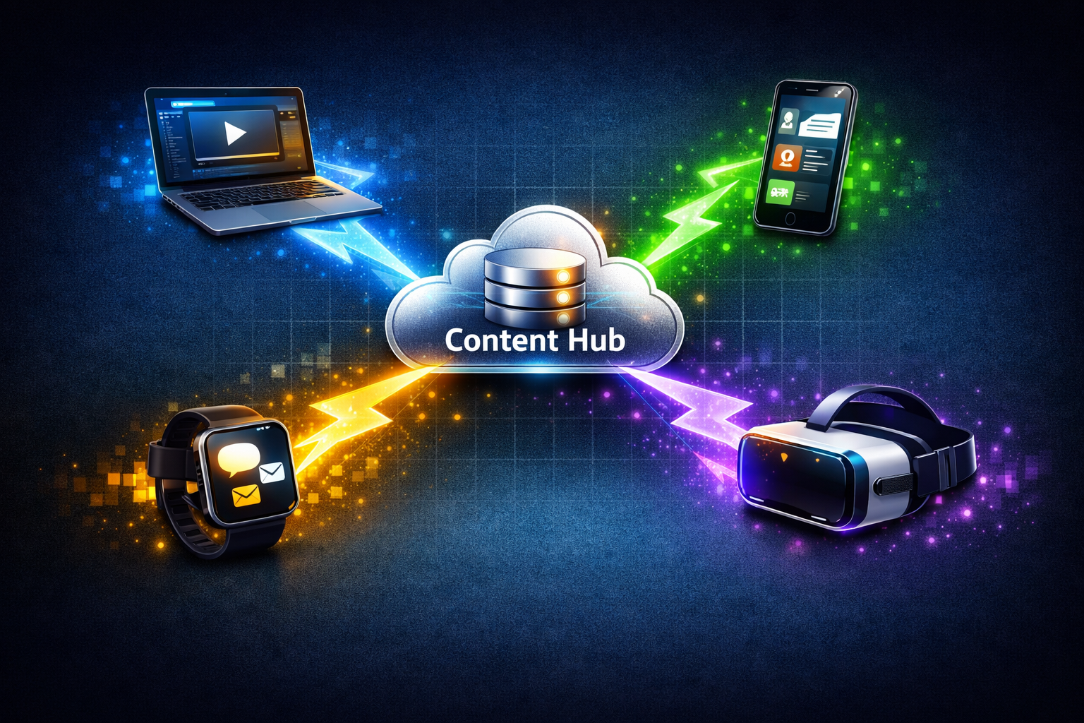 A "Cloud/Central Database" icon in the middle labeled "Content Hub." Multiple "Lightning Bolt" arrows emerge from it, pointing toward a "Laptop," a "Smartphone," a "Smartwatch," and a "VR Headset," showing one source feeding many different displays.