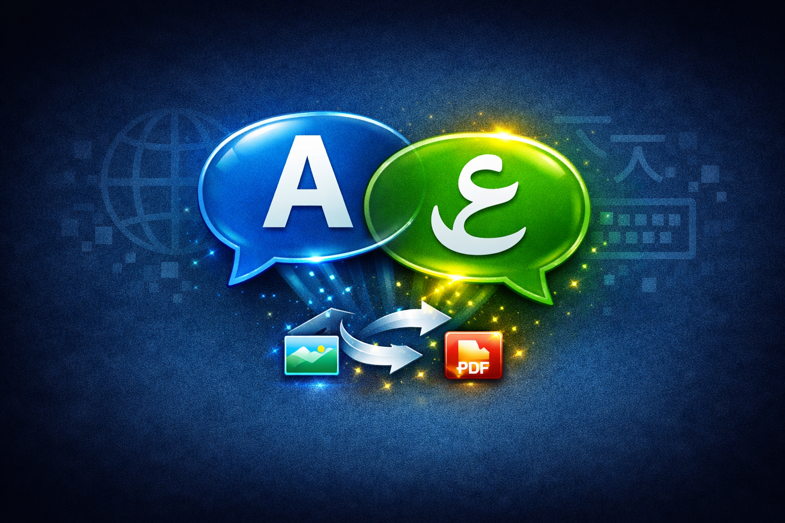Two "Speech Bubbles" overlapping. One contains an "A" (English) and the other contains the Arabic letter "ع". The bubbles are linked by a "Sync/Double-Arrow" icon, symbolizing the seamless connection and translation between different language versions