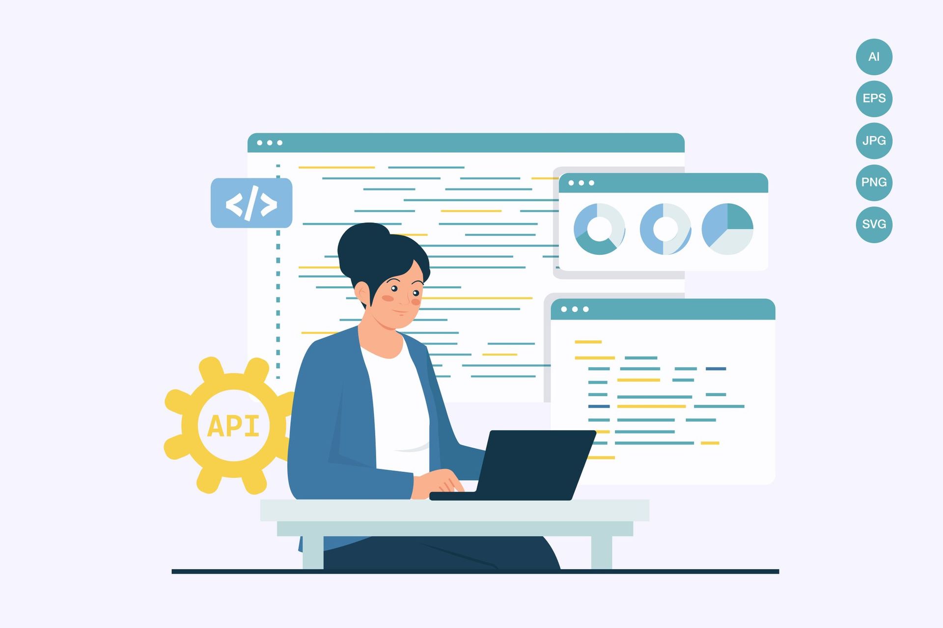 A developer working with API integration connecting ERP, CRM, and web applications through a unified dashboard, representing seamless system connectivity and real-time cross-platform data synchronization.