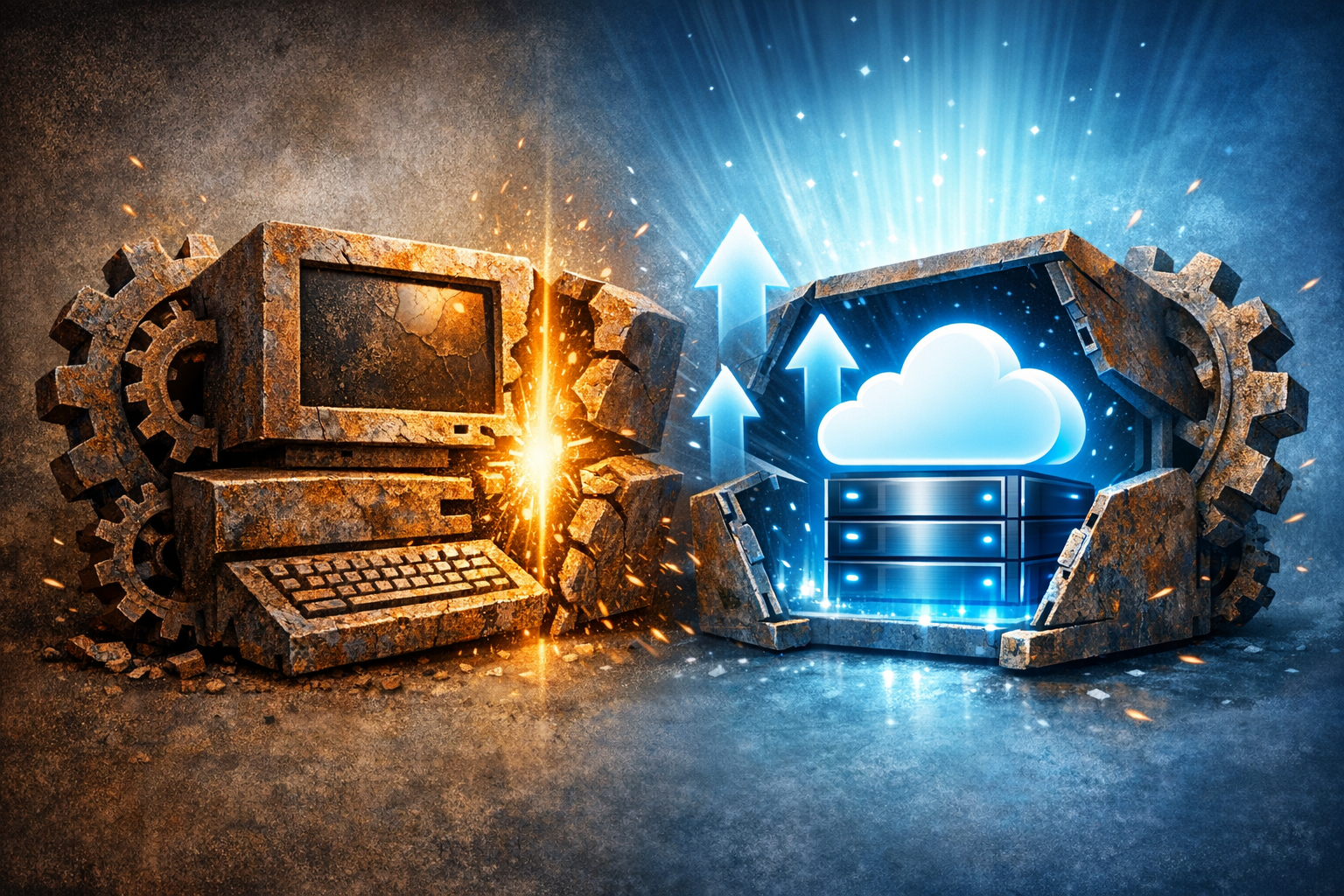 A visual representation of an old, blocky, rusty "Computer/Gear" icon transforming or opening up to reveal a clean, glowing, streamlined "Cloud/Server" icon inside, with arrows indicating upward transition and movement.