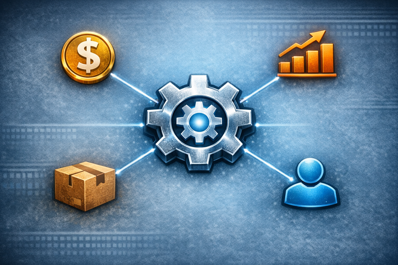 A central "Gear/Hub" icon. Surrounding smaller icons represent different business functions (Dollar sign for accounting, Box for inventory, Person for HR, Chart for sales). Lines connect all outer icons directly to the center, symbolizing synchronization and unity.