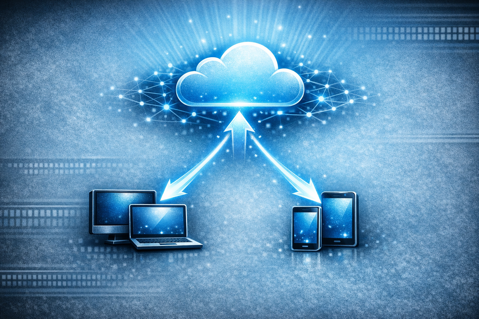 A visual flow diagram. A "Laptop/Desktop" icon uploads content (using a glowing arrow) to a "Cloud/Network" icon. From the cloud, content is downloaded (via glowing arrows) simultaneously to a "Smartphone" and a "Tablet," representing seamless access across devices.