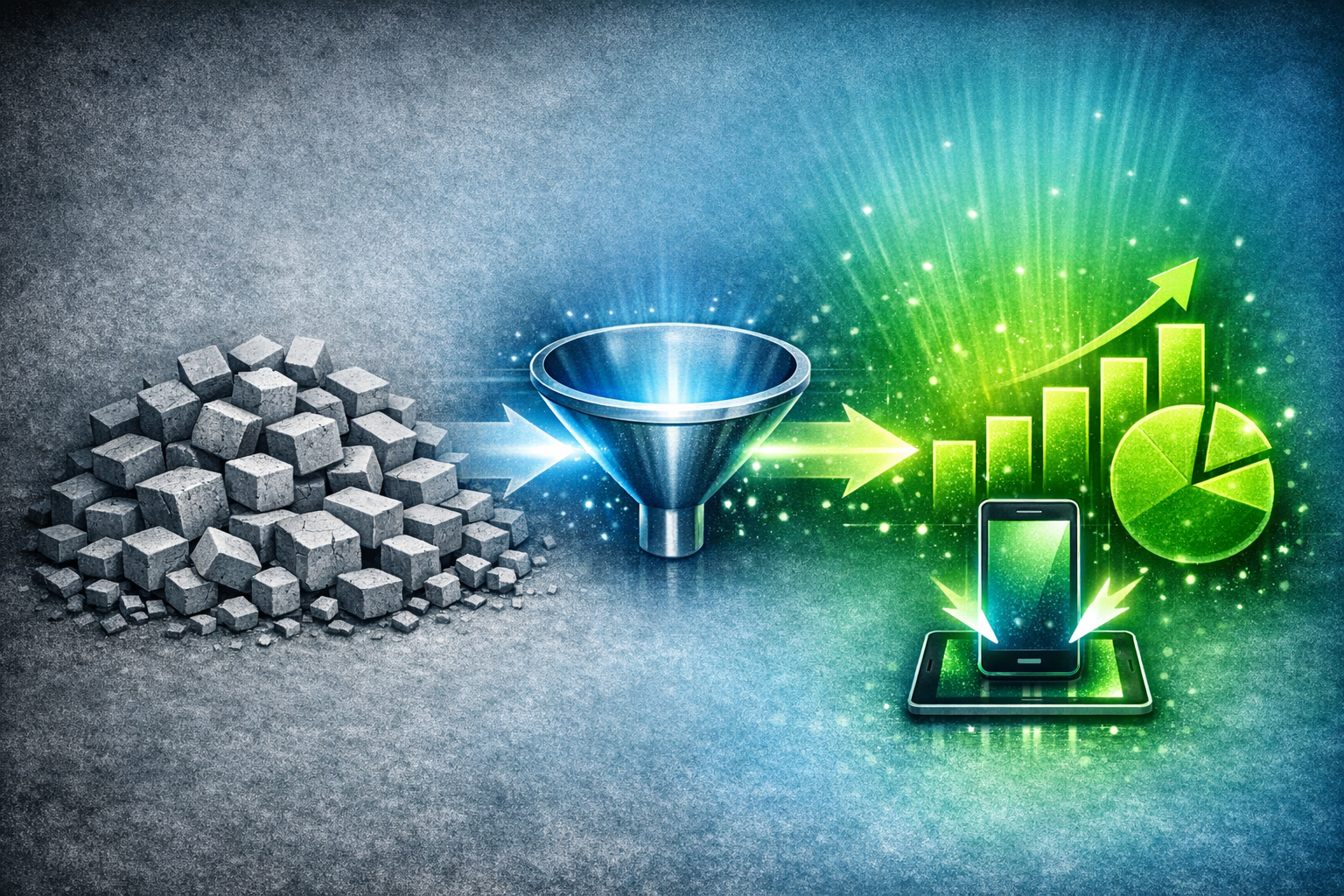 A raw pile of gray "Data Points/Blocks." A "Filter/Lens" icon passes over them, and they emerge on the other side as organized, glowing, green "Bar Charts" and "Pie Graphs" pointing upwards, representing the transformation of raw data into growth-focused insights.
