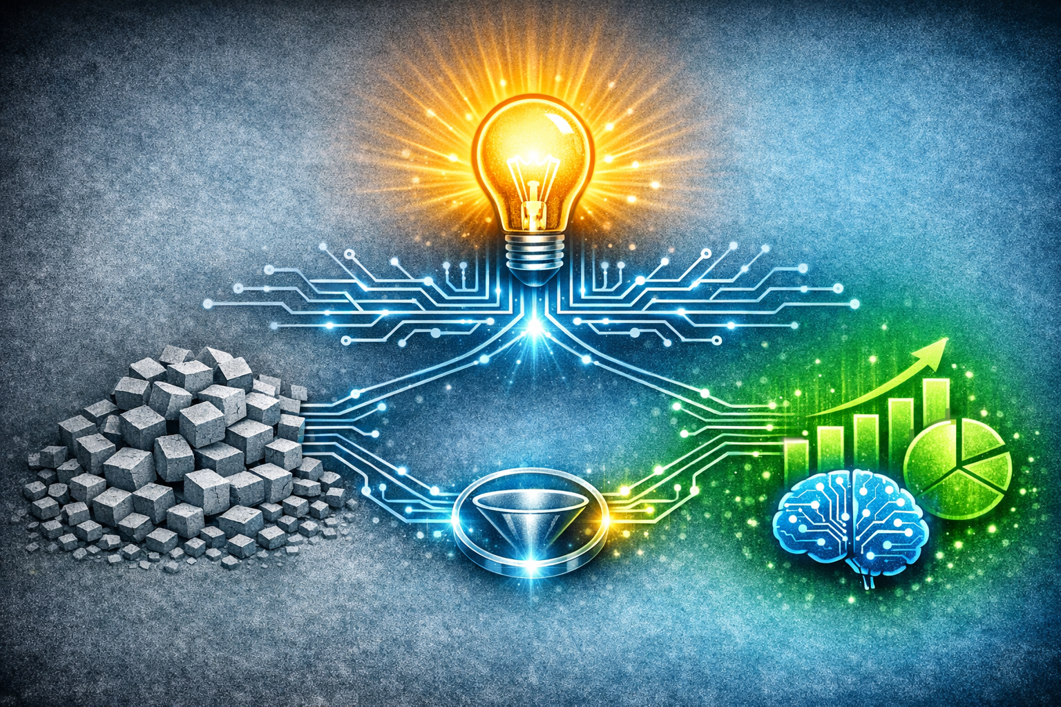 A glowing "Lightbulb" icon (symbolizing innovation). A network of integrated circuit lines spreads out from the base of the lightbulb, connecting to smaller icons for a "Robot Arm" (automation) and a "Brain" (AI), representing the foundation needed for future technology.