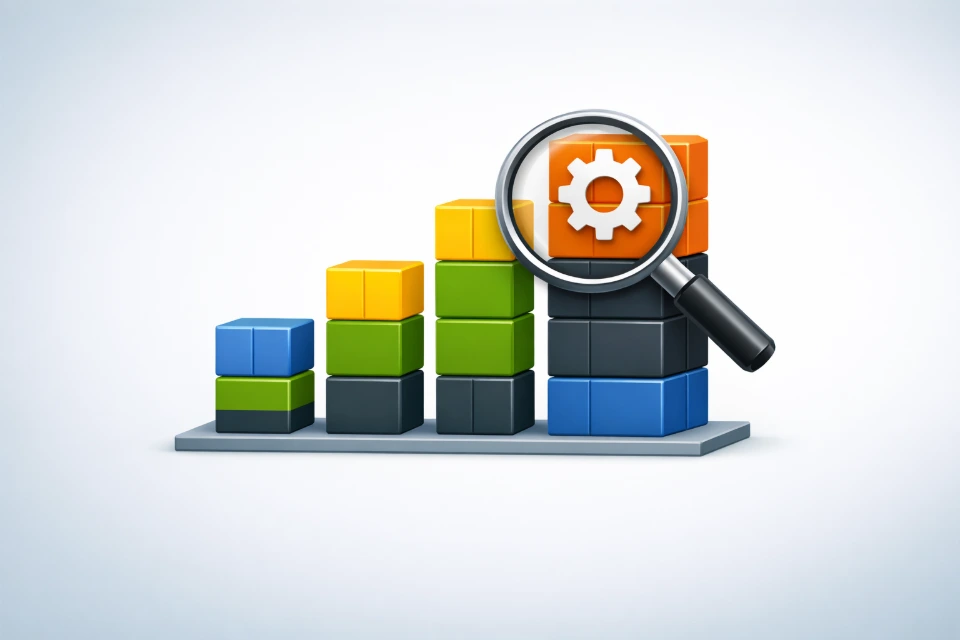 A "Bar Chart" icon where the bars are made of "Stacked Blocks." A "Magnifying Glass" is hovering over the tallest bar, revealing a "Gear/Setting" icon inside it, symbolizing the deep, actionable intelligence found within organized portfolio data.