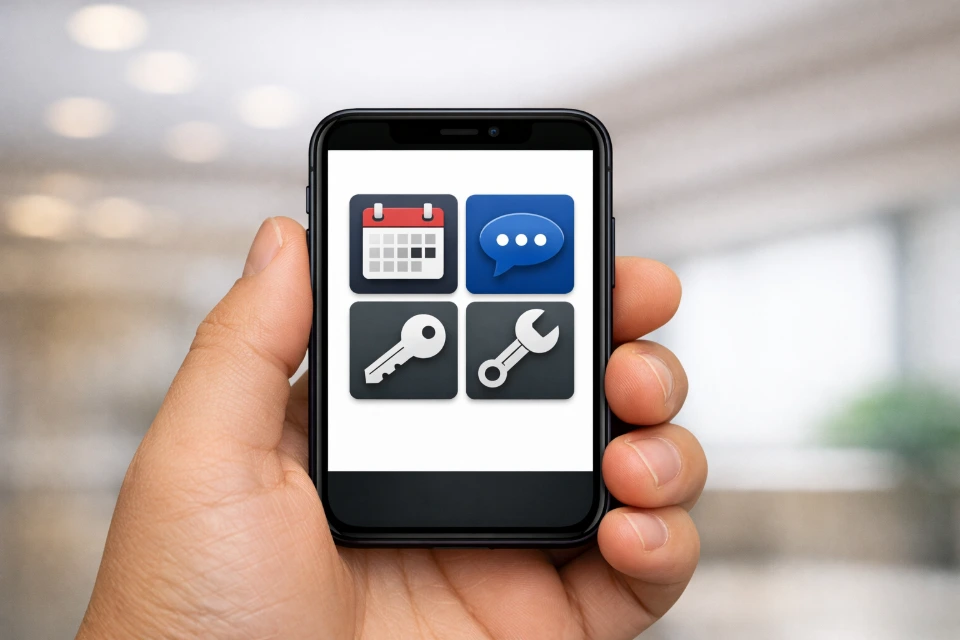 A "Smartphone" icon being held by a hand. On the screen are four simple tiles: a "Calendar" (Booking), a "Message Bubble" (Chat), a "Key" (Access), and a "Wrench" (Service). This represents the building's entire service ecosystem in the palm of the tenant's hand.