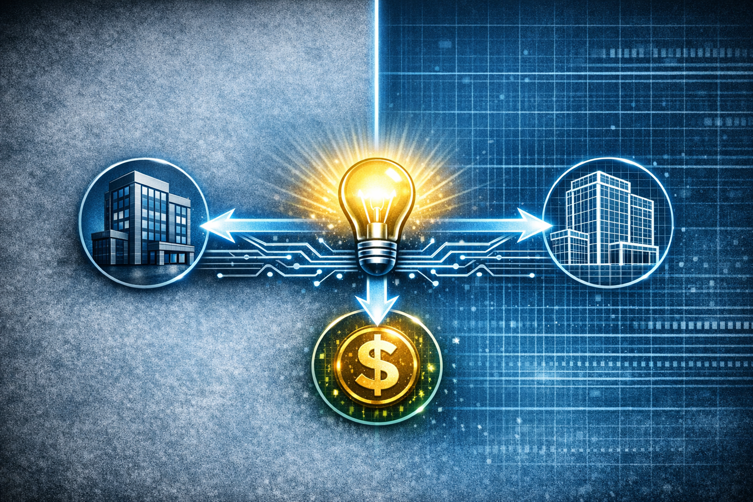 A "Split Screen" icon. On the left is a solid, 3D "Building" icon. On the right is a "Wireframe/Grid" version of the same building. A "Sync/Double-Arrow" connects them, showing the real-time link between the physical asset and its digital counterpart.