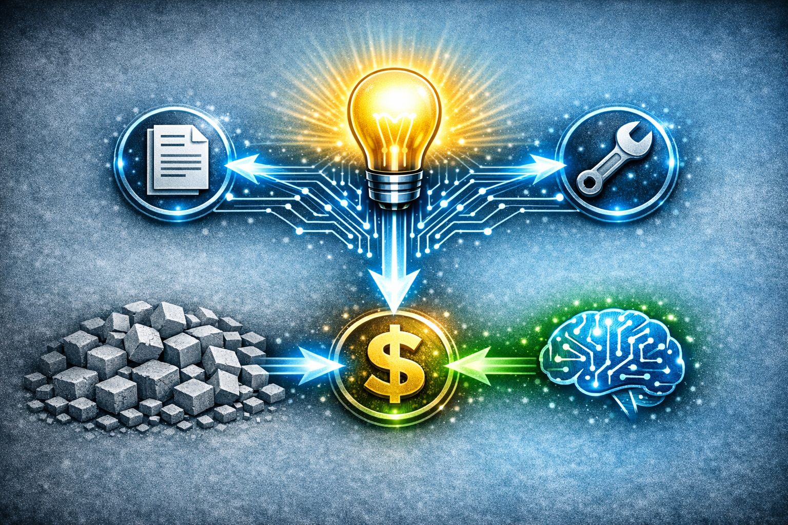 A "Robot/AI Head" icon connected to several "Action" circles. Inside the circles are icons for a "Document" (Lease), a "Wrench" (Maintenance), and a "Dollar Sign" (Revenue). Arrows show the AI Head actively managing and moving these tasks, symbolizing autonomous execution.