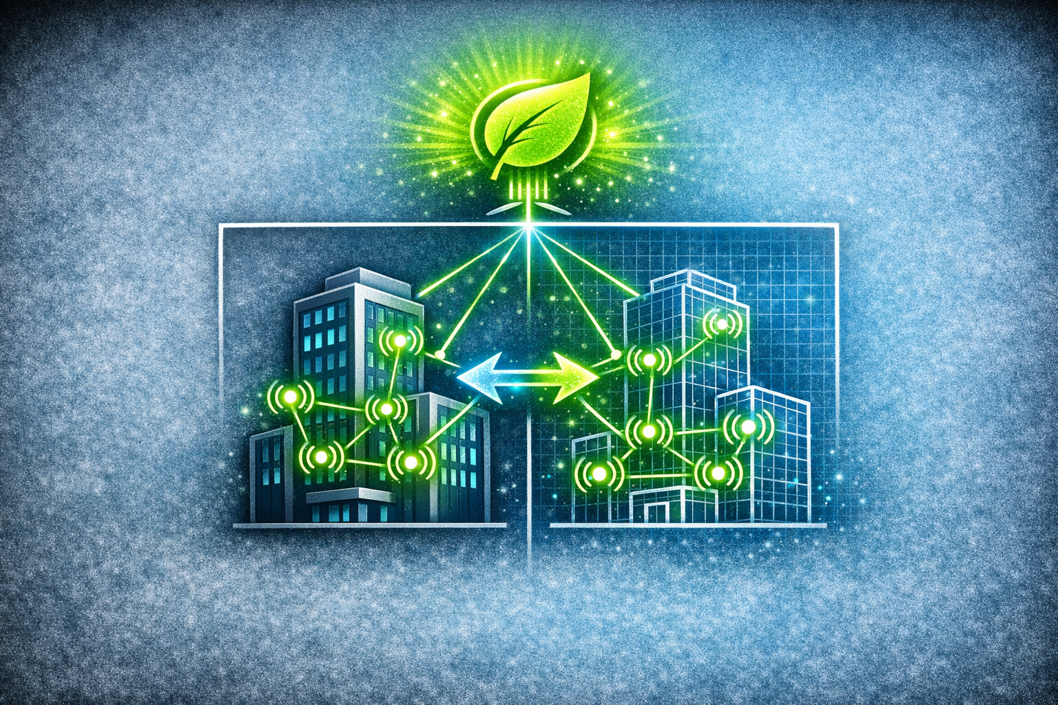 A "Building Outline" icon with several small "Pulse/Radio Wave" dots scattered inside it. Each dot connects to a central "Leaf/Eco" icon at the top, symbolizing how individual sensors contribute to the overall sustainability and health of the building.