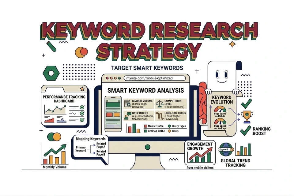 Keyword research strategy target high value terms analyze volume competition intent long tail grouping mapping growth