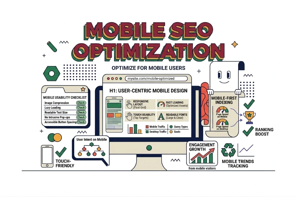 Mobile SEO optimization responsive design fast loading speed touch usability layouts readability engagement rankings performance