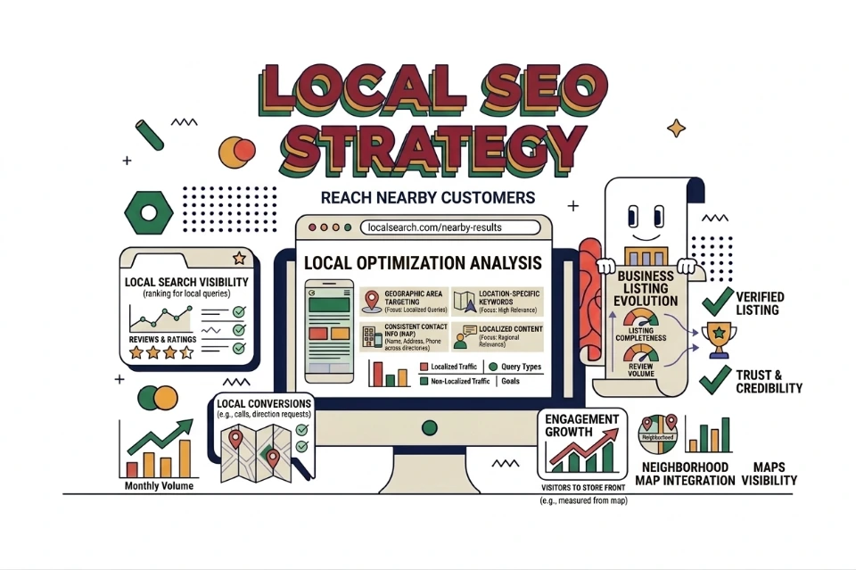 Local SEO strategy location keywords listings consistency reviews ratings maps visibility traffic conversions credibility