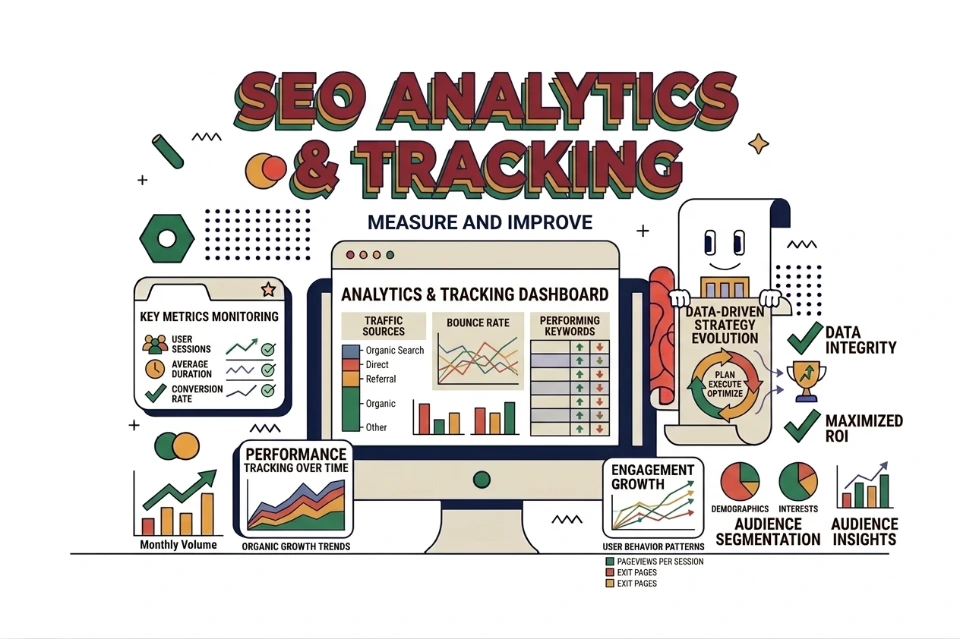SEO analytics tracking monitor traffic rankings bounce rates engagement conversions optimize strategies performance growth