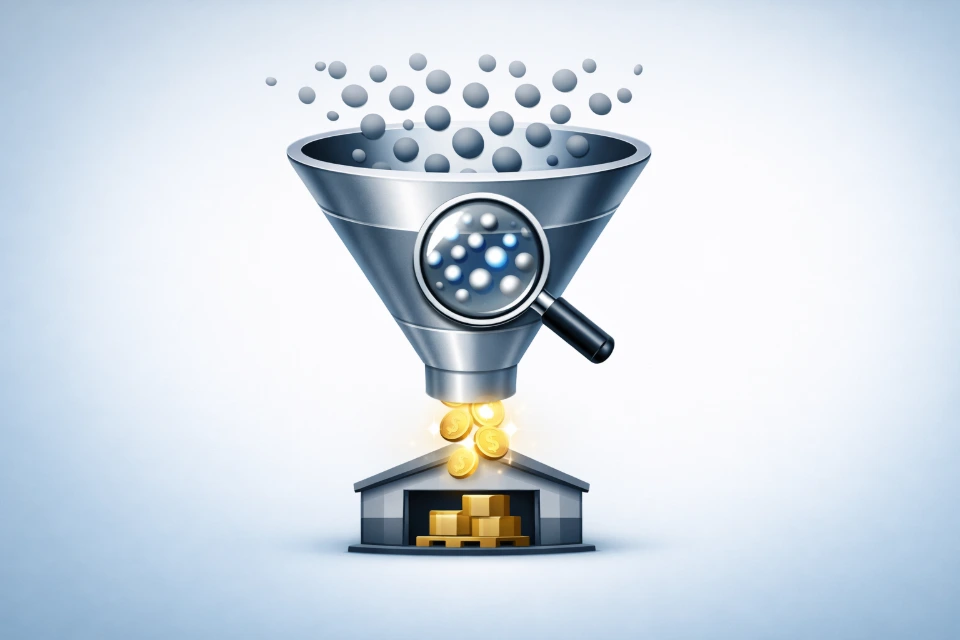 A "Funnel" icon. At the wide top, many "Grey Dots" enter. As they move down, a "Magnifying Glass" icon highlights the middle, and at the bottom, the dots turn into "Glowing Gold Coins," symbolizing the optimization of traffic into revenue.