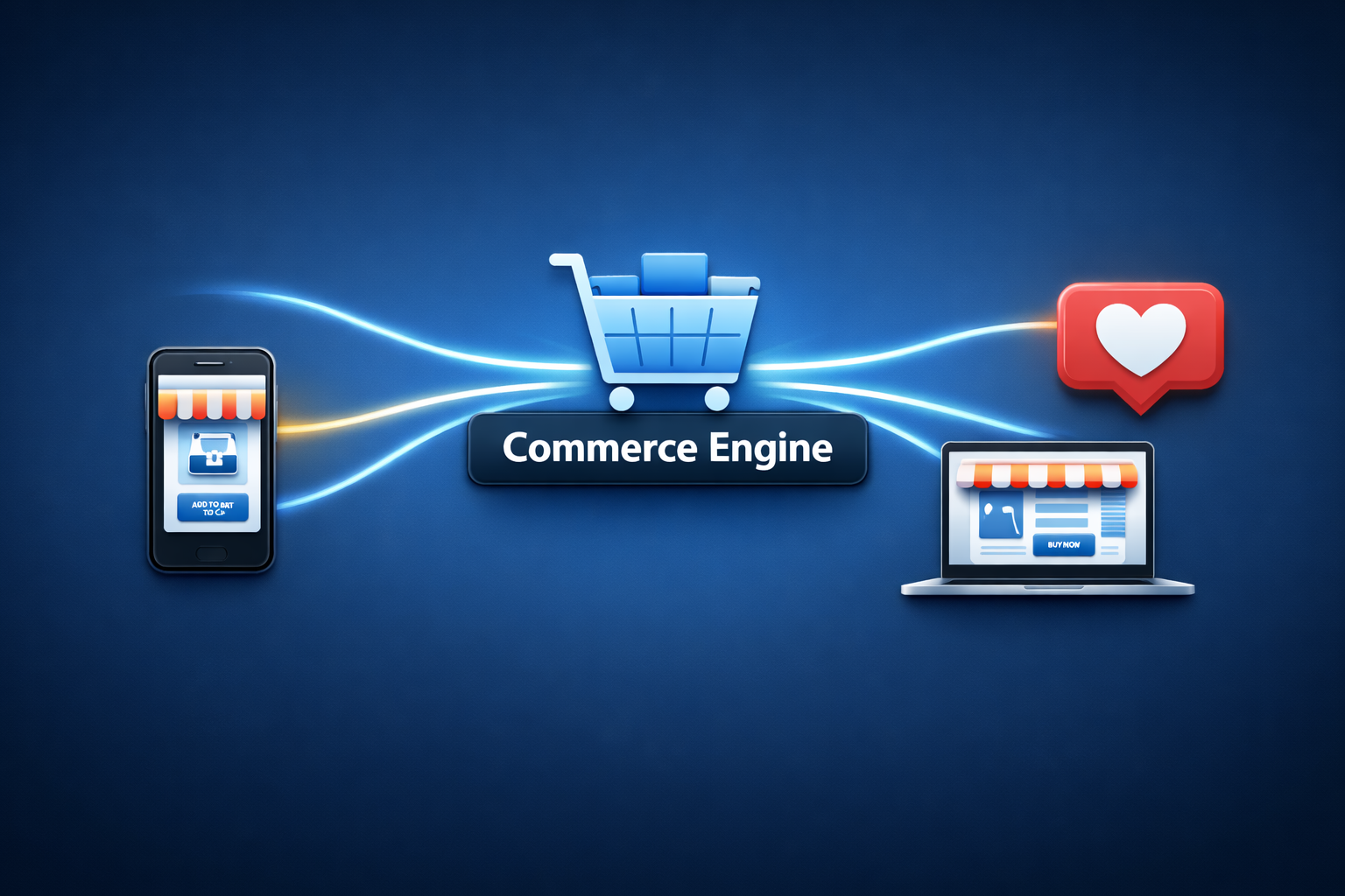 A central "Shopping Cart" icon labeled "Commerce Engine." Multiple "Glow Lines" extend from it to a "Smartphone," a "Laptop," and a "Social Media Heart" icon, symbolizing one engine powering many different storefronts.