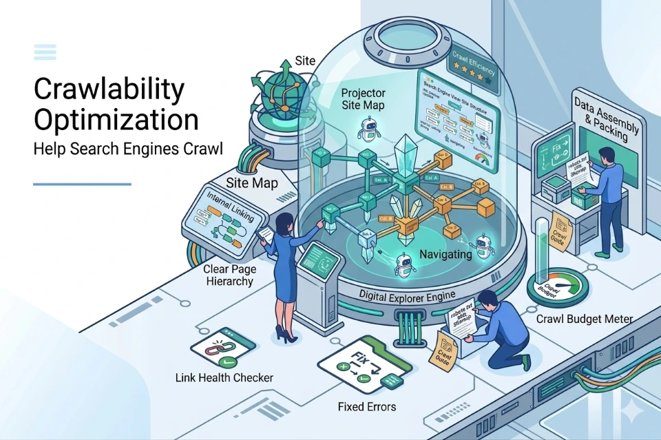 Crawlability optimization site structure internal links XML sitemap robots.txt broken links redirects hierarchy indexing visibility