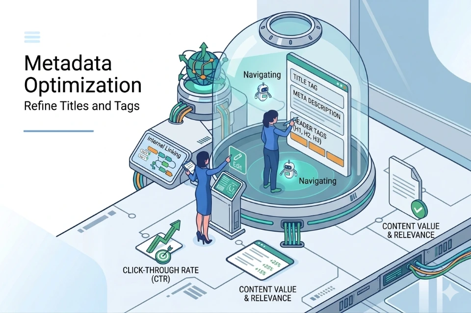 Metadata optimization titles tags meta descriptions headers keywords structure readability click-through engagement relevance