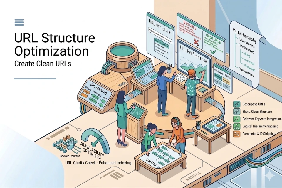 URL structure optimization clean descriptive short URLs keywords hierarchy readability crawlability performance SEO clarity